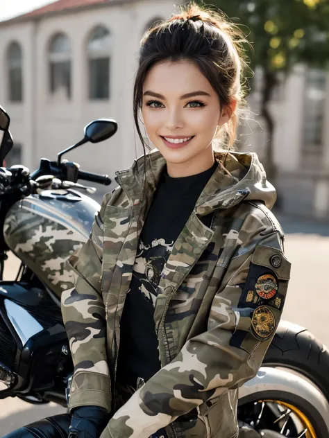 ((highest quality)), ((masterpiece)), (detailed motorcycle), perfect face、Accurate five-fingered hands、double eyelids、small face、realistic skin texture、full body shot、long legs、Beauty、((camouflage jacket and pants))、smile、slender body、Moist eyes、((spread l...