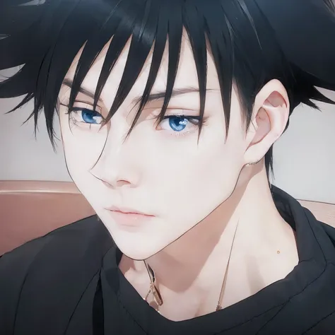 anime male, black hair, blue eyes, realistic, detailed, handsome