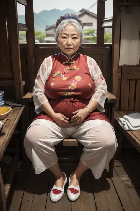 gravure printing，((55-year-old plump and slightly fat old lady village woman)), TargetLight, white hair, bun，blue eyes, there are many wrinkles on her face, old woman, Whole body covered with wrinkles, detailed wrinkles (Chinese lady)，correct eye position,...