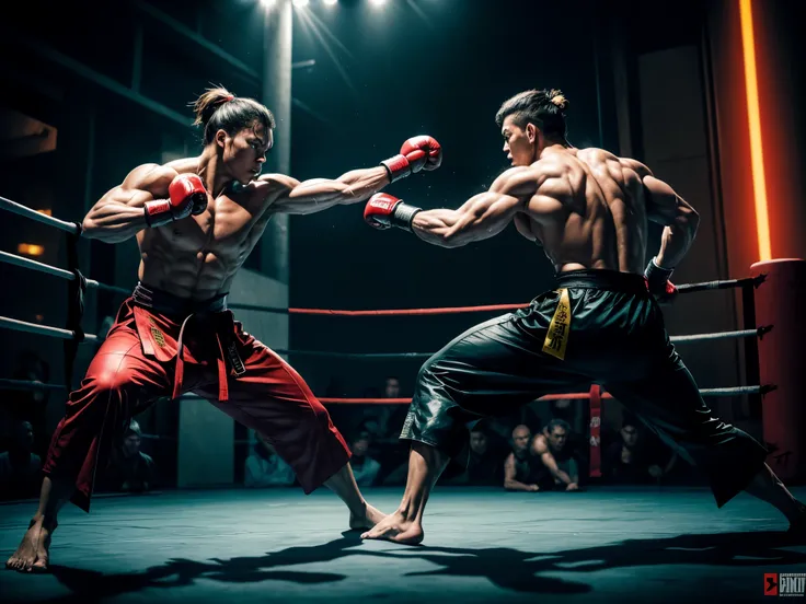 high-energy fight scene, intense battle, dramatic martial arts action, epic clash of skilled fighters, adrenaline-pumping combat, dynamic movements and strikes, powerful punches and kicks, lightning-fast reflexes, precision and technique on display, fierce...