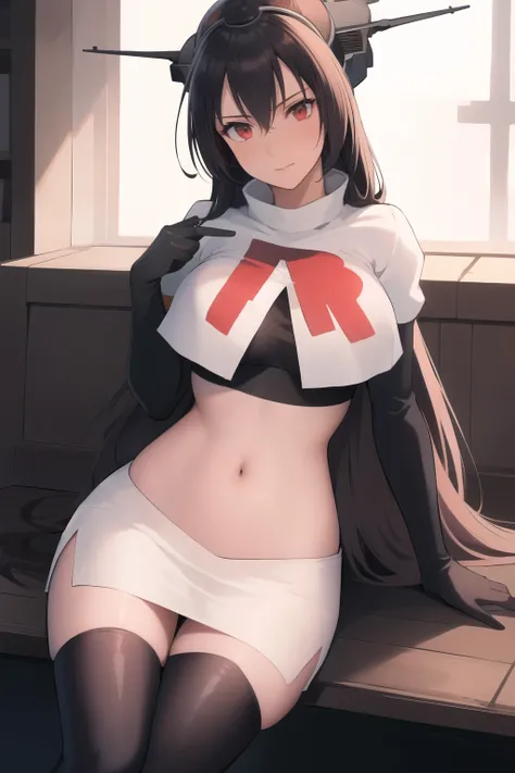 (masterpiece, best quality:1.2),illustration,8k,hd,1girl,solo,black_hair,long_hair,red_eyes,large_breasts,hair_between_eyes,headgear,navel,team rocket,team rocket uniform,white skirt,crop top,black thigh-highs,black elbow gloves,