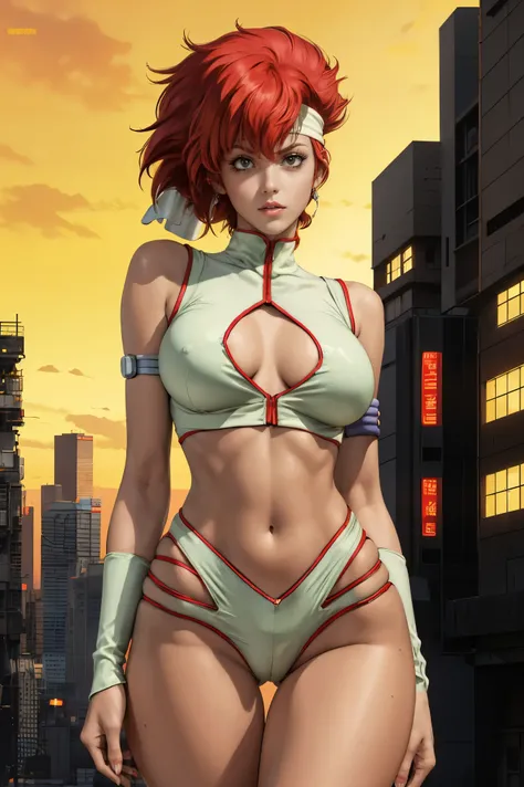 Very skinny Kei from The Dirty Pair, emaciated, wearing a tight bright yellow outfit, skinny frame, skinny legs, medium breast, red hair beauty, cyberpunk city background, holding retro space-gun, headband, slim waist, very slim thighs, very skinny thighs,...