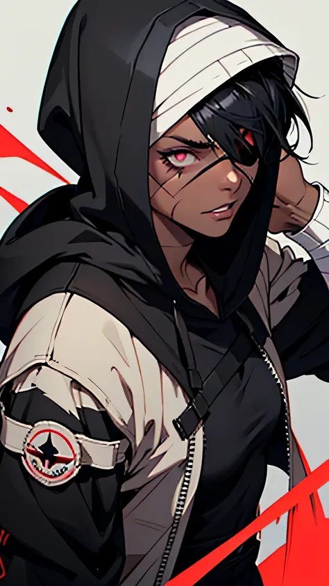 bandage, bandaged arm, eye patch, put on the hood, Jacket, woman, one person, black clothes, girl, inner hair coloring, black hair, crazy eyes, crazy, evil, rape face, bandage on, scar across the eye, hooded, black hair, anime, Hmm, highest quality, High r...