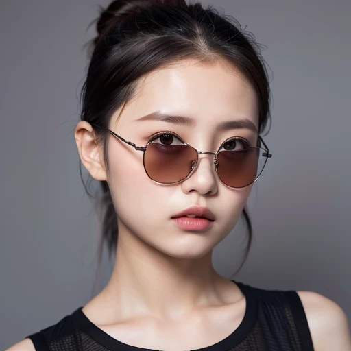 (best quality, masterpiece:1.2), ID photo of a 13-year-old Chinese girl, sportswear, Camisole vest,Pure cotton,gray background, Surrealism, Ultra high quality, textured skin, high detail,facing the camera, 8K crocodile skeleton(((Platinum marble sunglasses...