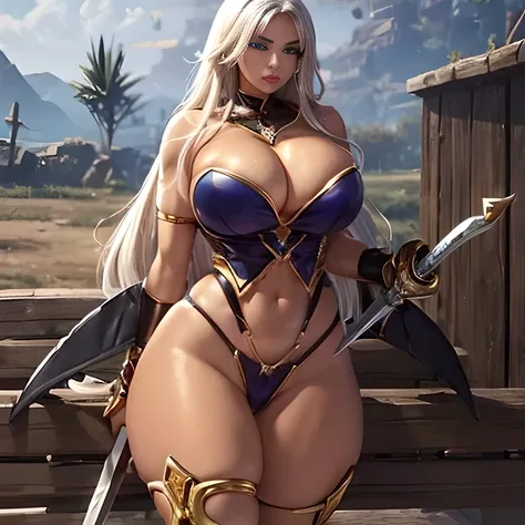 ((( huge fake breasts：7.9 ))),ebony warrior with golden hair, ((blue eyes)), giant breasts, giant ass, full lips painted deep red, very seductive, wears a very very small micro thong made of gold and silver, in the middle of the battle. He holds silver swo...