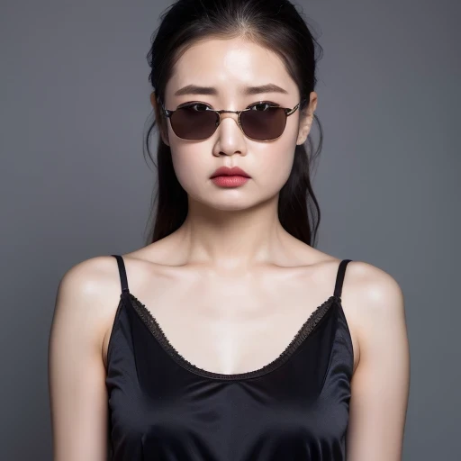 （best quality, masterpiece：1.2）, ID photo of a 63-year-old Chinese girl, sportswear, Camisole vest，Pure cotton，gray background, Surrealism, Ultra high quality, textured skin, high detail，facing the camera, 8K crocodile skeleton（（（Platinum marble sunglasses...