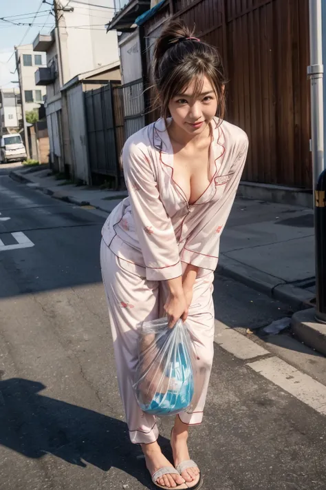 the front view of a japanese woman,street area,telephone poles,garbage collection center under the telephone pole,i have very very short hair,early morning,(sandals:1.2),panty line,(i carry a garbage bag:1.4),high resolution,beautiful hair,plump,(wearing d...