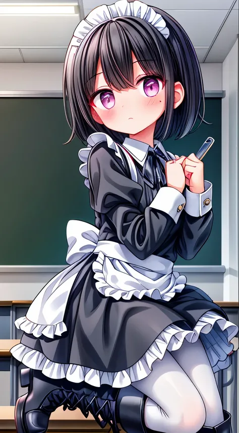 girl,short black hair,maid outfit,Black lace-up boots,white pantyhose,blush shy,classroom scene,demon