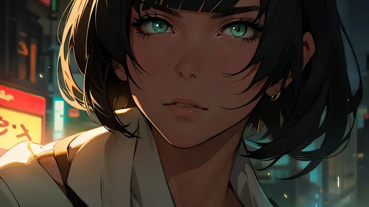 a woman with a shortcut looking forward, beautiful blade runner woman with beautiful warm green eyes, blunt bangs falling on her forehead, with bangs, with full bangs, in a white blouse with a black bra neckline, full body, in a sensual pose