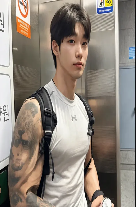 there is a man with a backpack standing in an elevator, homem sul-coreano, menino musculoso coreano de 2 a 1 anos, taejune kim, Jinyoung Shin, hyung tae, Hong junho hyung, 27 anos de idade, hyung tae kim, Jaeyeon Nam, who is siwoo, Hyung Tae Kim, Hyung Tae...