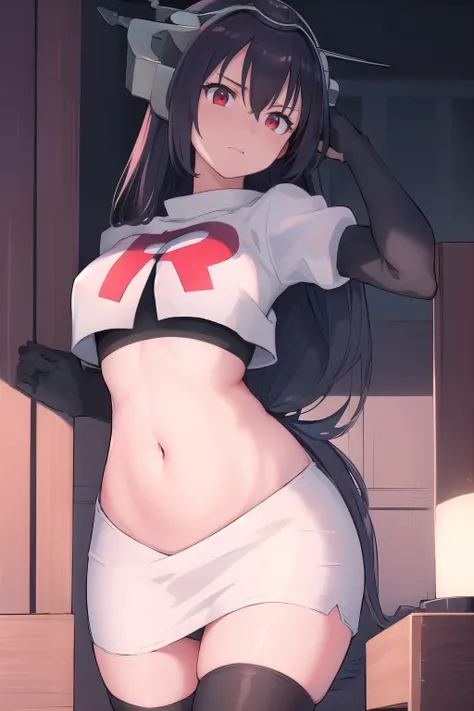 (masterpiece, best quality:1.2),illustration,8k,hd,1girl,solo,black_hair,long_hair,red_eyes,large_breasts,hair_between_eyes,headgear,navel,team rocket,team rocket uniform,white skirt,crop top,black thigh-highs,black elbow gloves,