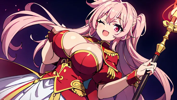 girl,huge breasts,cleavage,long hair,Very light pink,red eyes,closed one eye,chest focus,smile,open your mouth,Red Idol Uniform,has a wand,dutch angle,close to the viewer,