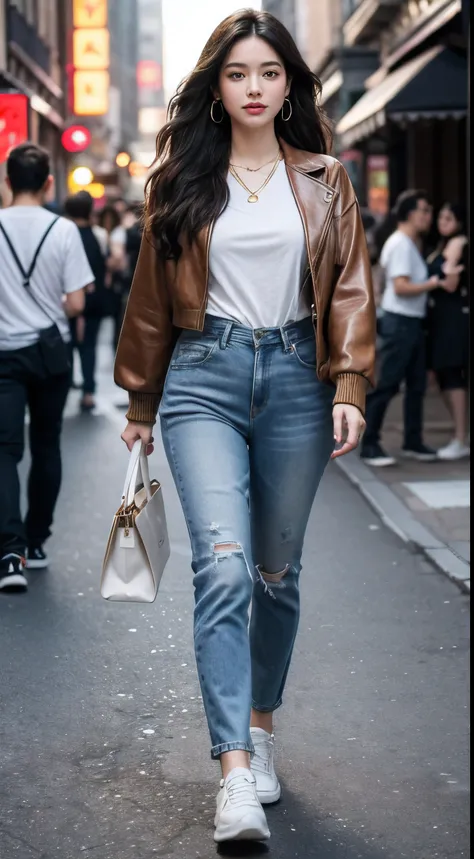 Generate a digital image of a beautiful  22 year woman with long, wavy black hair, confidently striding down a bustling city street.
She wears high-waisted, dark wash jeans that hug her curves and a fitted white t-shirt tucked in at the waist.
Over the t-s...