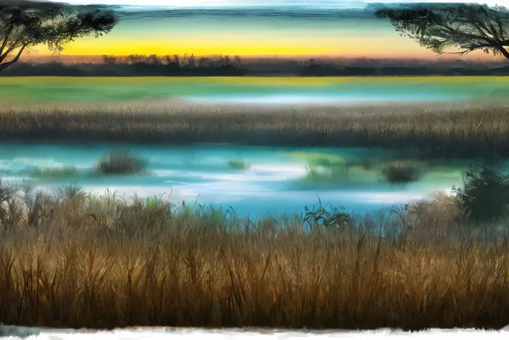 Marshland sunrise with wildlife awakening