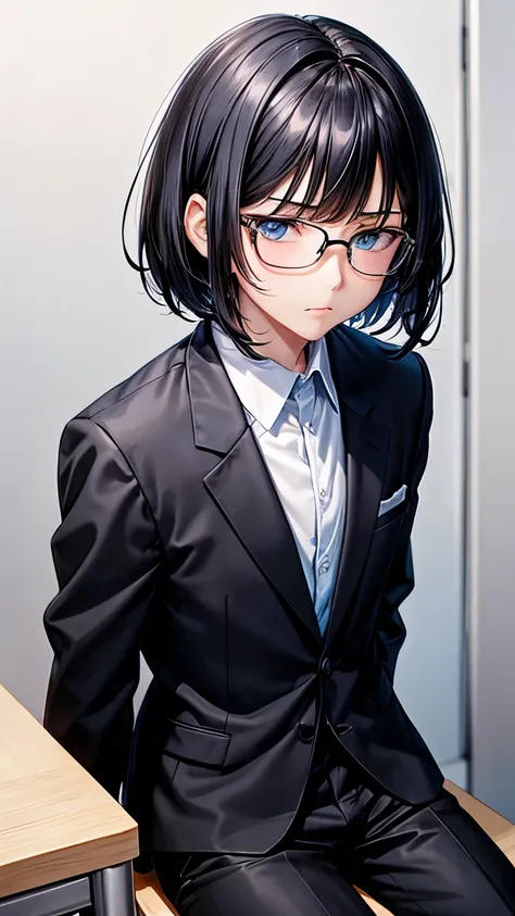 17 years old Japanese high school student boy ((boy’s body shape )),straight hair ((jet-black hair , extra very short hair )),((much shaggy long forelock)),BREAK, older and intrepid face, ((jet-black school blazer, black dress shirt, black slacks )), blue ...