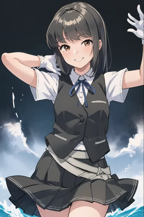 (masterpiece, highest quality:1.2), cowboy shot, alone, 1 girl, Hayashio, smile, looking at the viewer, turn your arms behind your back, water play, white shirt, neck ribbon, short sleeve, black vest, black skirt, white gloves