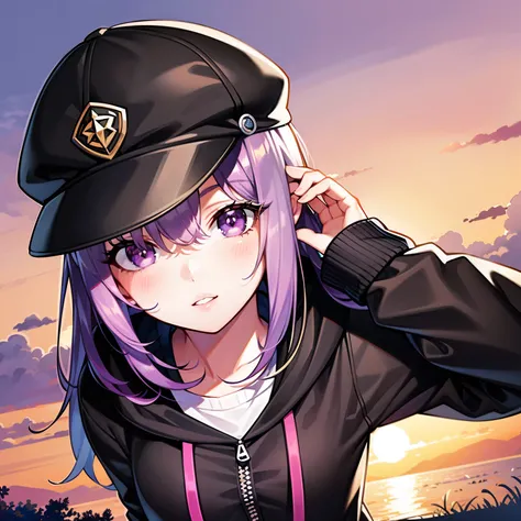 ((1girl, solo)), purple hair, long hair, purple eyes, grey, +_+, long sleeves, smile, (((parted lips))), hood down, (badge on hat), symbol-shaped pupils, looking at viewer, details eyes, absurdres, half body, ((sunset)), top view, (day time, sunny)