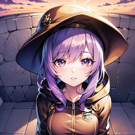 ((1girl, solo)), purple hair, long hair, purple eyes, grey, +_+, long sleeves, smile, (((parted lips))), hood down, (badge on hat), symbol-shaped pupils, looking at viewer, details eyes, absurdres, half body, ((sunset)), top view, (day time, sunny)