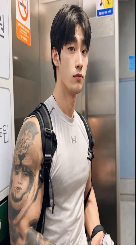 There is a man with a backpack and a tattoo on his arm, homem sul-coreano, menino musculoso coreano de 2 a 1 anos, Jinyoung Shin, taejune kim, Hong junho hyung, hyung tae, inspirado em jeonseok lee, who is siwoo, Jungkook, Sakimichan, Jaeyeon Nam, hyung ta...