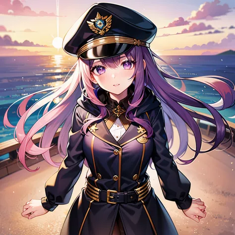 ((1girl, solo)), purple hair, long hair, purple eyes, grey, +_+, long sleeves, smile, (((parted lips))), hood down, (badge on hat), symbol-shaped pupils, looking at viewer, details eyes, absurdres, half body, ((sunset)), top view, (day time, sunny)