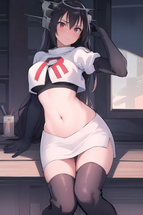 (masterpiece, best quality:1.2),illustration,8k,hd,1girl,solo,black_hair,long_hair,red_eyes,large_breasts,hair_between_eyes,headgear,navel,team rocket,team rocket uniform,white skirt,crop top,black thigh-highs,black elbow gloves,