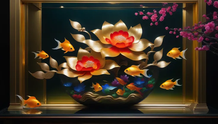 stunning oil painting of a mythical vibrant ornamentation flowers, steel coated silver and gold metal_flower, in a large aquarium, Stunning contrast of light and shadow, sparkling in the complex light, mesmerizing glow that highlights the beauty of the met...