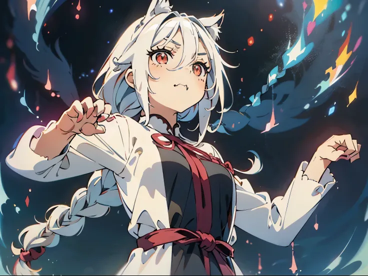  masterpiece, cat ears girl(gray hair,) ，depicted in detail，Gorgeous starry sky background，baby face，(droopy eyes:1.5)，long eyelashes, silver hair ，swept bangs ，(single braid:1.5)，wavy hair，medium breasts, (from below:1.5)，looking down ，upper body shot，(pa...