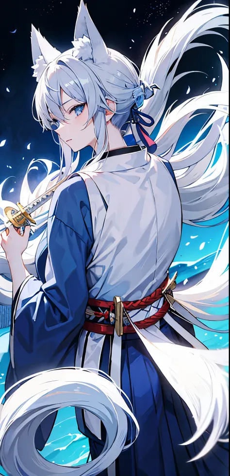 gray hair、blue eyes、Hakama、fox ears、fox tail、Blue aura、Japanese sword