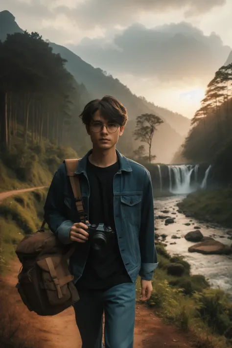 arafed man walking down a path with a camera and a backpack, high quality portrait, matte painting portrait shot, standing near a waterfall, amidst nature, perfect portrait composition, adventure hyper realistic render, travel and adventure, environmental ...