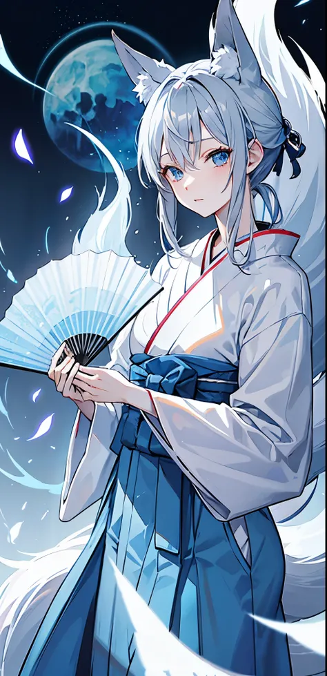 gray hair、blue eyes、Hakama、fox ears、fox tail、Blue aura、Japan、fan