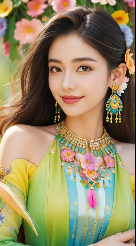 1 girl,(earrings feather:1.2),(masterpiece, top quality, best quality, official art, Beautiful and beautiful:1.2),Very detailed,(Fractal art:1.1),(rich and colorful:1.1)(flowers:1.3),flowers background,smiley face