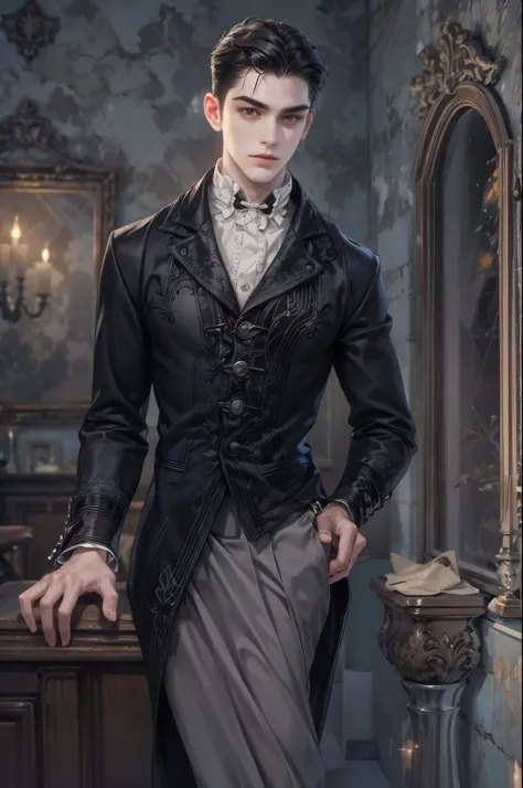 ((Best quality)), ((masterpiece)), (detailed), ((perfect face)), ((halfbody)) handsome face, male, teen boy,  perfect proportions , a male version character from the addams family, short hair, male version, detailed eerie background, detailed eerie scenery...