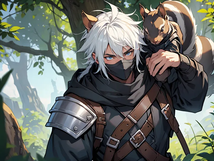 Hooded rogue in leather black armor. White hair. Black mask covering the mouth. A squirrel stands on your shoulder. ((Squirrel on the shoulder)). Dnd characters