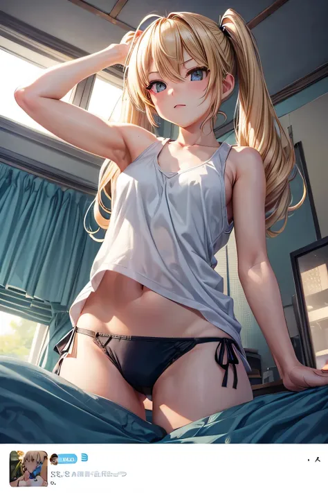 landscape、Tank top、panties、Beautiful Girl Magician、blonde twintails、((whole body))、(((photo taken from below)))、room