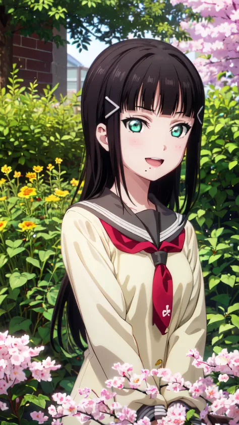 (((pixel-perfect, detail-perfect))), solo, 1girl, dia kurosawa, uranohoshi school uniform, looking at viewer, closed mouth, (upper body: 1.5), smile, open mouth, garden, sakura tree