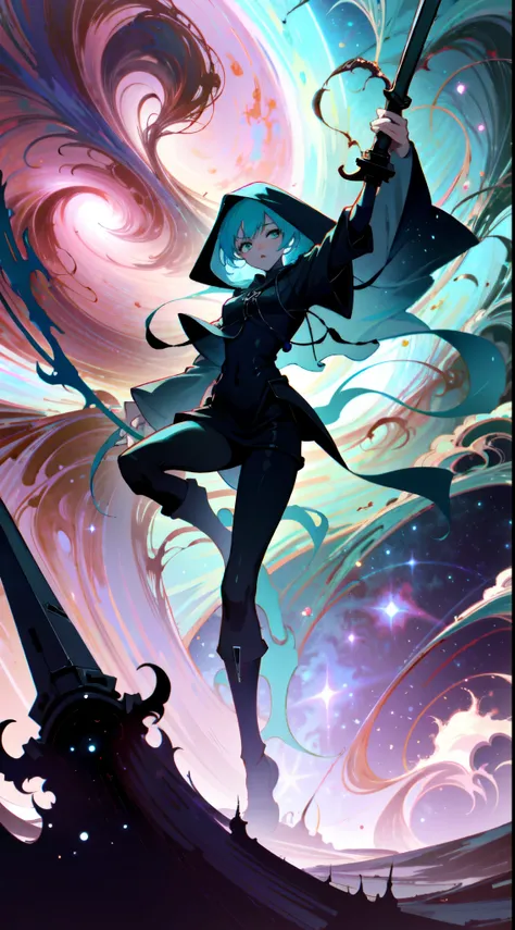 Full body like, Girl, light blue hair, black clothes, Hood, shadow face, reaper, holding a Death Scythe, action pose, ghibli studio landscape, studio ghibli background, full body portrait, best quality, detailed eyes, eldritchtech, cosmic, dark energy, eld...