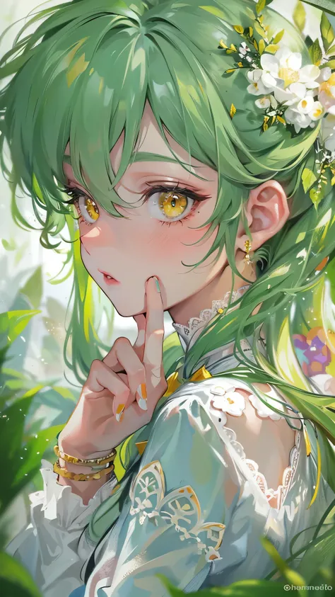 perfect anatomy, masterpiece:1.2, best quality, 8k, beautiful detailed grow, daydreaming expression, ((put her finger on one’s lips)) (solo ponytail green hair long hair divine cute girl, 14 yo, cute yellow eyes, blushing face, glossy mouth, put one Kiss t...