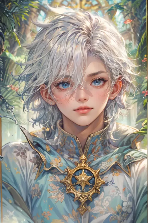 ((Best quality)), ((masterpiece)), (detailed), ((perfect face)), ((halfbody)) handsome face, male, teen boy,  perfect proportions , a character from anime legend of mana teardrop crystal, silver hair, short hair, male version , gnostic church of domina sce...