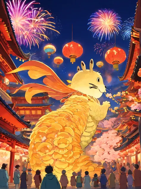 Silkworm Flower Fair，Silkworm Flower Temple Fair，ancient chinese city，festive atmosphere，Celebrate Chinese New Year，Brilliant fireworks，huge fireworks，非常colorful，colorful