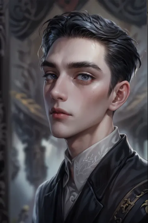 ((Best quality)), ((masterpiece)), (detailed), ((perfect face)), ((halfbody)) handsome face, male, teen boy,  perfect proportions , a male version character from the addams family, short hair, male version, detailed eerie background, detailed eerie scenery...