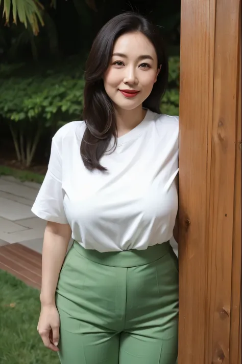 Draw lips correctly, red lipstick, from chest up, best quality, Super detailed, lifelike, Super fine skin, perfect anatomy, (1 日本Mature的女人), (alone)，wear white shirt，short sleeves，green pants，wavy long hair，37-year-old female，Mature，charming smile，outdoor ...