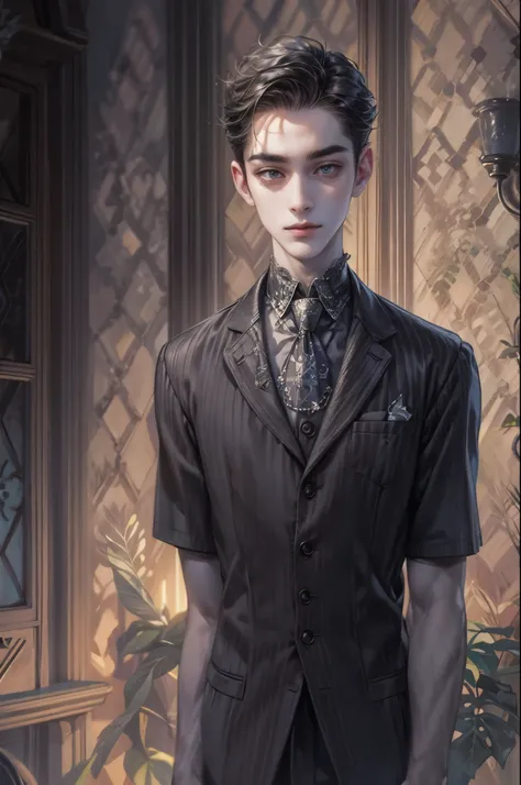 ((Best quality)), ((masterpiece)), (detailed), ((perfect face)), ((halfbody)) handsome face, male, teen boy,  perfect proportions , a male version character from the addams family, short hair, male version, detailed eerie background, detailed eerie scenery...