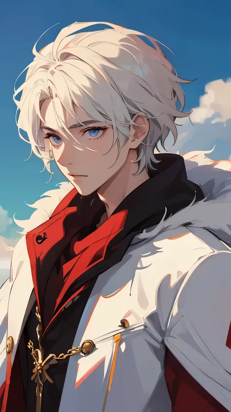 ((men, male, softboy)) ((high definition)) ((high definition eyes)) a boy with half of his white and the other half red, straight and messy hair, fashion clothes, cute face, cute clothes, fur clothes, no muscles, high definition eyes