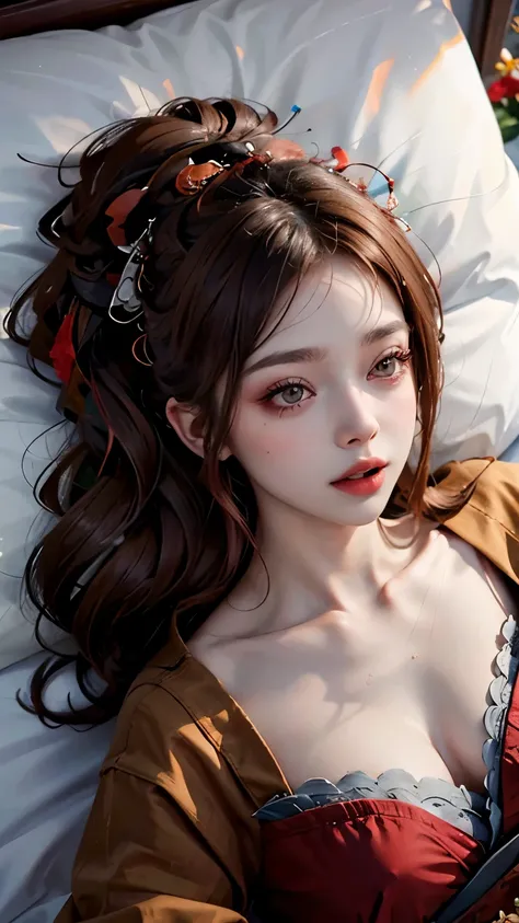 masterpiece,Amazing realism,visual reality,keen,Reddish-brown hair，Long curly hair，high ponytail，red headdress，red eyes，red eye，red pupils，Delicate and detailed eyes，sparkling eyes，huge ，lying flat on bed sleeping，charming posture，Enchanting expression，Ope...