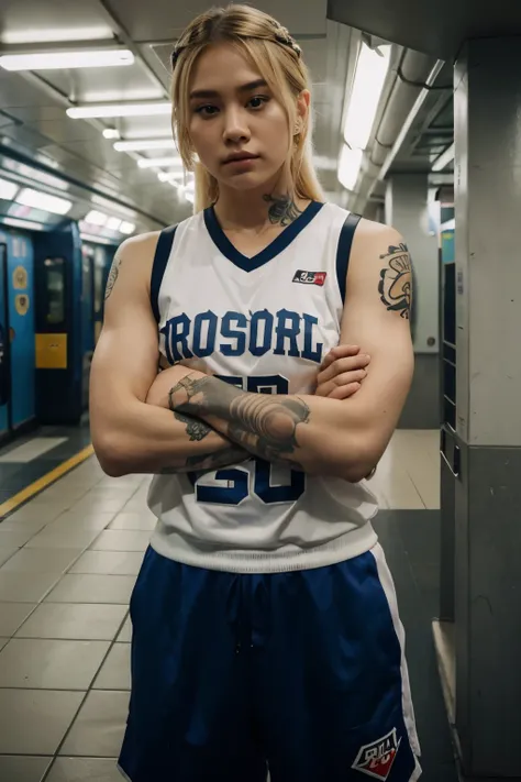 Coreano de um metro e noventa usando roupa de basquete, with both arms full of tattoos and blonde hair reaching her shoulders, piercing no nariz e musculoso