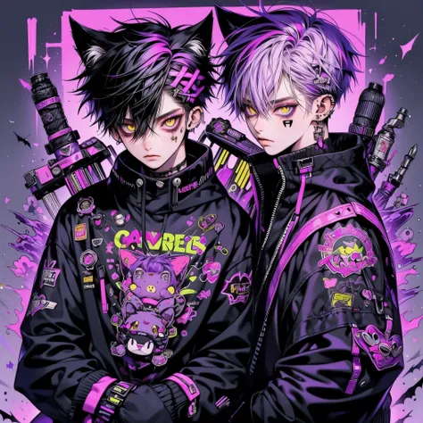 Punk rock emo man, Neko, wolf boy, neon purple hair, tattoo sleeves and piercings, yellow eyes, slender, skinny, short,  Harajuku-inspired punk clothes, no twins, one person