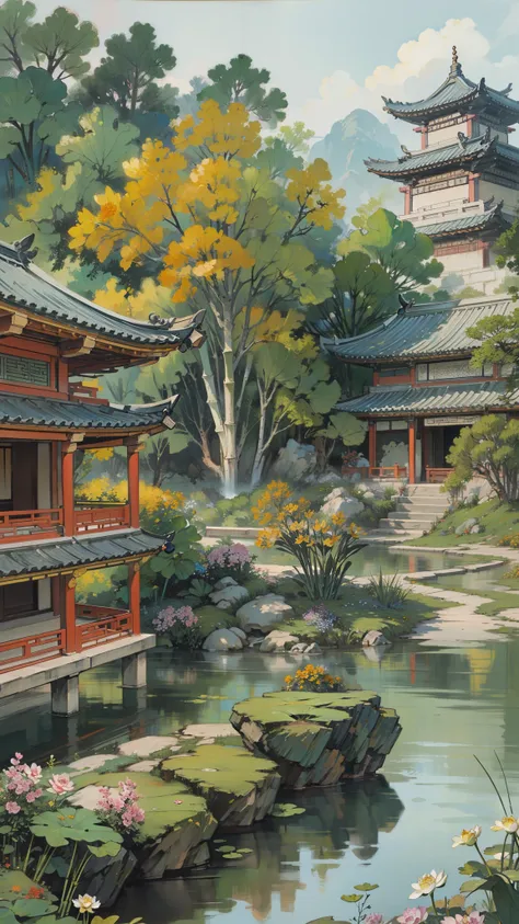 ((best quality, masterpiece: 1.2)), cg, 8k, intricate details, perspective, (no one around), (ancient chinese gardens), pond fil...