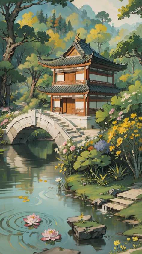 ((best quality, masterpiece: 1.2)), CG, 8k, intricate details, perspective, (no one around), (Ancient Chinese gardens), pond filled with lotus flowers, rock, flowers, bamboo forest, Fall, wooded areas, Small bridge across gurgling stream, detailed foliage ...