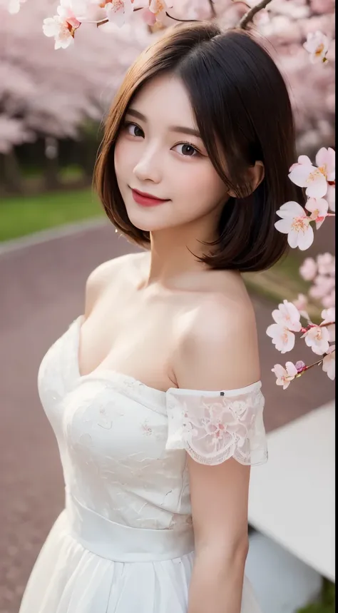 ((highest quality, 8k, masterpiece:1.3)), concentrated: 1.2, perfect body beauty: 1.4, buttocks: 1.2, ((bob hair, chest: 1.2)), (sexy outfit: 1.1) , (Cherry Blossom Scenery:1.3), white dress: 1.1, Highly detailed face and skin texture, delicate eyes, doubl...