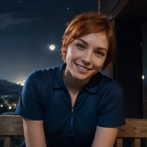 1 girl, sxfrances, short hair, Orange hair, Green eyes, freckles, smile, red jumpsuit, Blue shirt, roll up your sleeve, mountain, moon, (night:1.5), I look at the viewer 